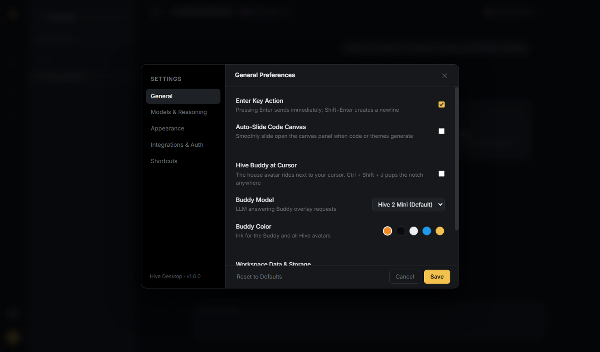 Hive settings — Buddy at Cursor